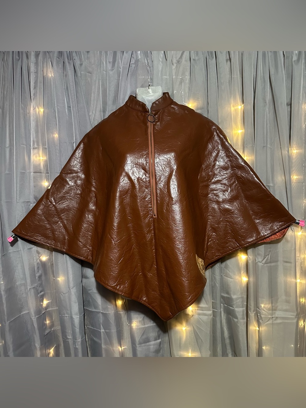 70s faux leather brown poncho cape quarter zip